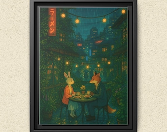 The Rooftop Cafe | Romantic Rainy Night Art Print | Ghibli-inspired Animal Illustration | Dream Hours Collection