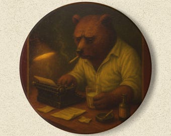 Bear Writer Ceramic Coaster | Vintage Scene Animal Art | StudioOfReflection Canvas - The "Quiet Hours" Collection