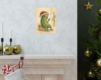 Pickle Smoking Santa Hat Poster | Matte Vertical Poster, Christmas Funny Holiday Art