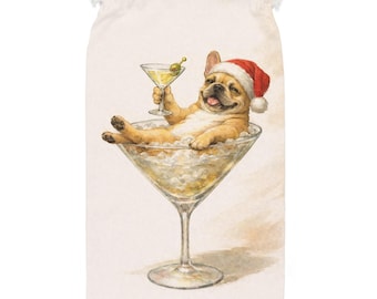 French Bulldog in Martini Glass Santa Hat Sack | Holiday Drawstring Treat Bag