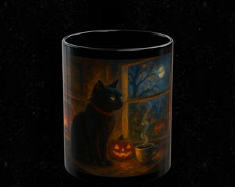 Black Cat Coffee Mug - Cozy Autumn Japandi Art | Cottagecore Halloween Gift for Cat Lovers