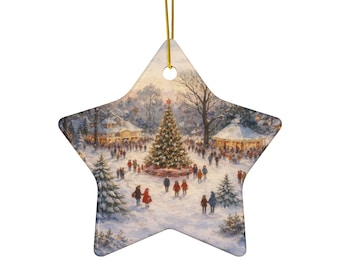 Victorian Christmas Tree Scene Ceramic Ornament | Star Shape