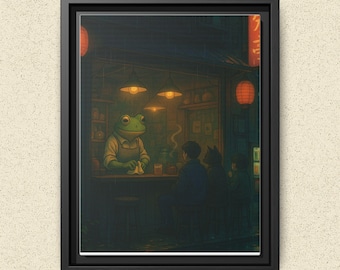 Framed Frog Canvas Print, Whimsical Bar Scene Wall Art