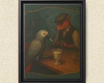 The Parrot & the Fox | Vintage Bar Scene Animal Art | StudioOfReflection Canvas - The "Quiet Hours" Collection