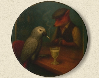 Moody Parrot & Fox Bar Coaster - Vintage Scene Animal Art | StudioOfReflection - The "Quiet Hours" Collection