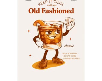 Old Fashioned Cocktail Wall Art - Retro whiskey Bar Poster, Vintage Drink Illustration, Home Bar Decor, Bourbon Lover Gift