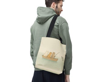 Cat Fishing Boat Tote Bag: Eco-Friendly Polyester Shopper