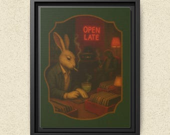 The Bunny & the Record Store | Vintage Night Scene Animal Art | StudioOfReflection Canvas - The "Quiet Hours" Collection