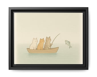 Whimsical Cats Fishing Framed Canvas Art – Japandi Home Decor