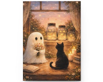 Valentines day - Ghost Holding Flowers Hardcover Journal | Cat, Fireflies, Cozy Window Scene