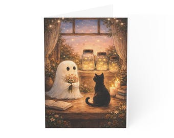 Valentines Day - Ghost Holding Flowers Greeting Card | Cute Cat, Cozy Window Scene
