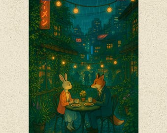 Fox and Rabbit Cafe Date Matte Vertical Poster | Night City Bistro Illustration