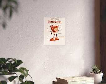Manhattan Cocktail Character Matte Poster | Retro Bar Art, Vintage Drink Print