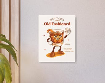 Old Fashioned Cocktail Wall Art Metal Frame  - Retro whiskey Bar Poster, Vintage Drink Illustration, Home Bar Decor, Bourbon Lover Gift