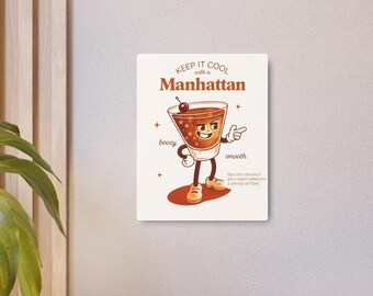 Manhattan Cocktail Wall Art Metal Frame - Retro whiskey Bar Poster, Vintage Drink Illustration, Home Bar Decor, Bourbon Lover Gift