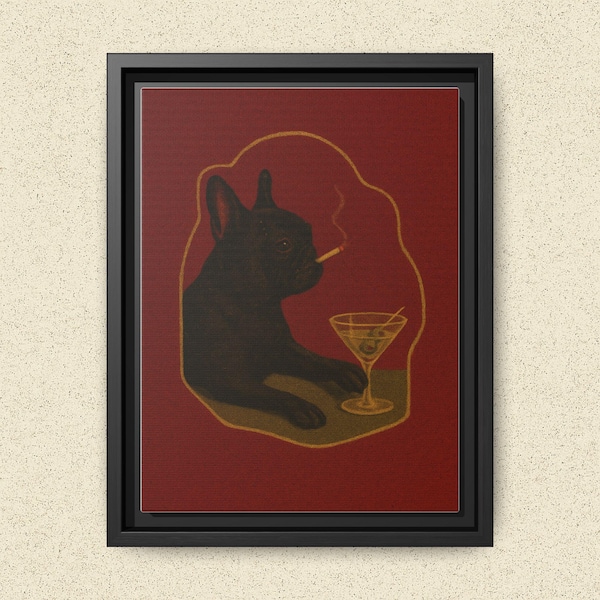 Die Französische Bulldogge & die Verzerrte Stunde | Stimmungsvolle Vintage Bar-Szene Kunst | Atelier der Reflexion |  "Die ""ruhige Stunden"" Sammelleinwand."