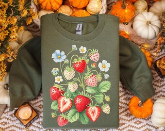 Vintage aardbeiensweater: Cottagecore Botanical Fruit-trui