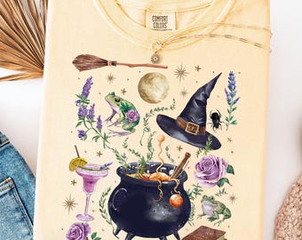Witchy Cauldron T-Shirt, Magical Frog and Witch Hat Graphic Tee, Botanical Halloween Shirt, Cottagecore Witch Outfit, Fantasy Lover Gift