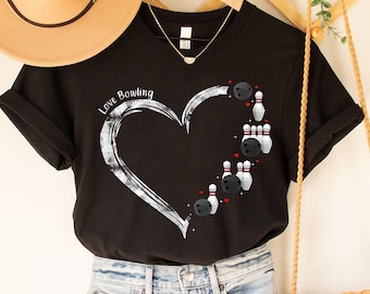 Love Bowling T-Shirt: Heart-Shaped Ball & Pins Design