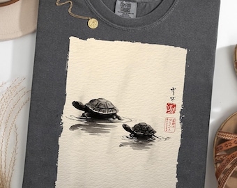 Japanese Turtle Comfort Colors® T-Shirt, Vintage Sumi-e Tortoise Art Tee, Minimalist Zen Nature Graphic Shirt, Turtle Lover Gift