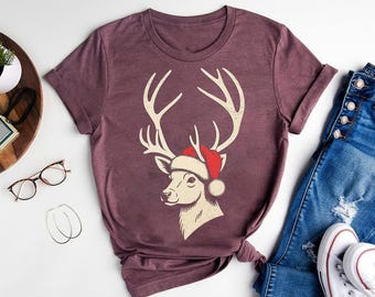 Funny Christmas Deer Hunting T-Shirt: Buck Santa Hat Outdoorsman Gift
