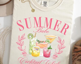 Summer Babe Cocktail Club T-Shirt, Colorful Drinks Graphic Tee, Girls Trip Vacation Shirt, Sip and Chill Outfit, Cocktail Lover Gift for Her