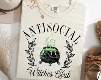 Antisocial Witches Club Comfort Colors® T-Shirt, Funny Witch Cauldron Graphic Tee, Spooky Halloween Shirt, Introvert Witch Gift