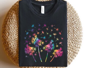 Rainbow Dandelion Graphic Tee: Vibrant Boho Wildflower Shirt