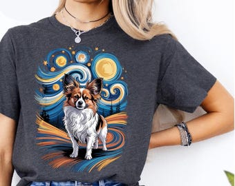 パピヨン 星月夜シャツ：ゴッホの犬のアートTシャツ