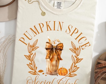 Pumpkin Spice Social Club T-Shirt, Coquette Fall Coffee Graphic Tee, Cute Bow Autumn Shirt, Thanksgiving Outfit, Coffee Lover Gift for Her