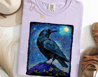 Raven Starry Night Shirt, Gothic Raven Art Tee, Moonlit Crow Graphic Shirt, Dark Academia Bird Lover Gift