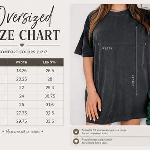 The image is an oversized size chart for a black t-shirt, showing the measurements for different sizes.