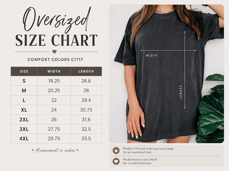 The image is an oversized size chart for a black t-shirt, showing the measurements for different sizes.