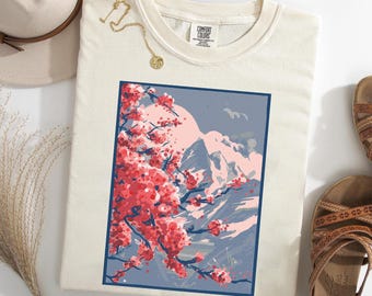Japanese Cherry Blossom Shirt - Sakura Mountain Tee, Nature Art Shirt, Japan Lover Gift, Aesthetic Floral Travel Tee