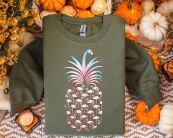 Sweatshirt met flamingo-ananasprint: tropisch strand met ronde hals
