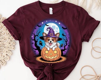 パピヨン ハロウィンシャツ：かぼちゃの中の魔女犬 - 不気味なペット好きのためのTシャツ