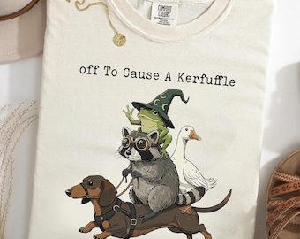 Off to Cause a Kerfuffle Comfort Colors® T-Shirt, Funny Wizard Frog Raccoon Goose Tee, Whimsical Animal Shirt, Chaos Goblin Gift