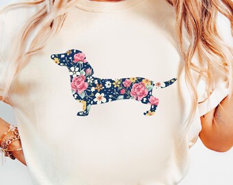 Floral Dachshund Comfort Colors® T-Shirt, Vintage Flower Wiener Dog Shirt, Cute Dog Mom Graphic Tee, Doxie Lover Gift, Aesthetic Pet Shirt