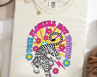 Pick Flowers Not Fights Comfort Colors® T-Shirt, Retro Tiger Graphic Tee, Hippie Flower Power Shirt, Groovy Peace and Love Gift