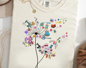 Sewing Dandelion Comfort Colors® T-Shirt, Cute Sewing Lover Shirt, Whimsical Craft Supplies Graphic Tee, Quilter Gift, Seamstress Outfit