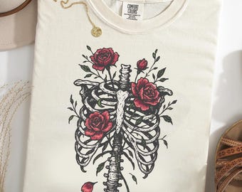 Floral Ribcage Comfort Colors® T-Shirt, Gothic Skeleton Rose Shirt, Vintage Anatomy Tee, Dark Academia Graphic Shirt, Romantic Goth Gift