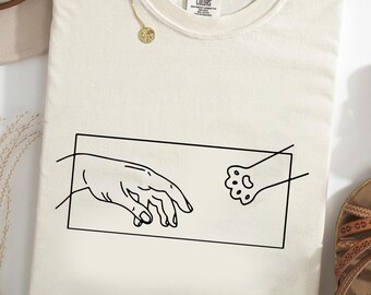 Cat Paw Comfort Colors® T-Shirt, Creation of Adam Inspired Cat Shirt, Minimalist Line Art Graphic Tee, Cat Mom Gift, Aesthetic Pet Lover Tee