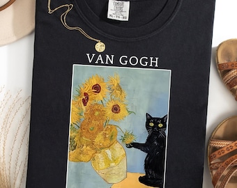 Van Gogh Sunflowers Comfort Colors® T-Shirt, Funny Black Cat Art Tee, Vintage Floral Painting Shirt, Museum Aesthetic, Art Lover Gift