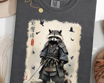 Samurai Raccoon Comfort Colors® T-Shirt, Japanese Warrior Graphic Tee, Vintage Raccoon Shirt, Funny Animal Art, Gift for Raccoon Lover