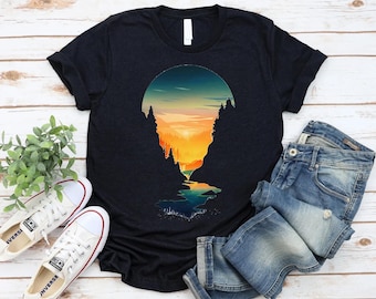 Nature Sunset Shirt - Scenic Landscape Tee, Forest Reflection Shirt, Adventure Graphic Shirt, Outdoor Lover Shirt