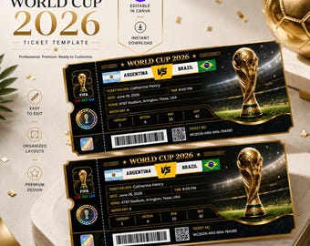 Plantilla de boleto para la Copa Mundial 2026, recuerdo de fútbol editable, plantilla de Canva para el día del partido, regalo para el aficionado, recuerdo personalizado
