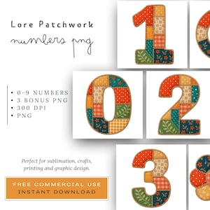 Puede incluir: Números de patchwork del 0 al 3 en una variedad de colores y patrones, incluyendo naranja, verde y beige. Los números están diseñados con un estilo patchwork, con diferentes texturas y diseños de tela. La imagen también incluye el texto "Lore Patchwork numbers png".