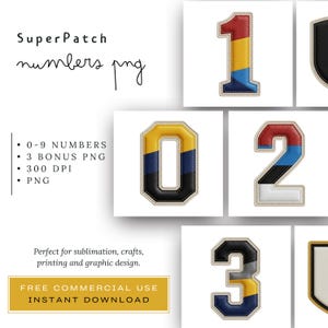 Puede incluir: Una colección de parches de números coloridos, incluyendo los números 0, 1, 2 y 3. Cada número presenta una combinación de colores única con un borde cosido. La imagen también incluye el texto "SuperPatch numbers png" y "FREE COMMERCIAL USE INSTANT DOWNLOAD."