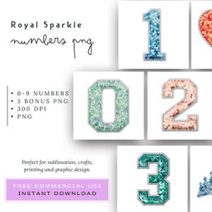 Puede incluir: Archivos PNG digitales con los números 0-3, cada uno lleno de lentejuelas en azul, verde y melocotón. Los números tienen un borde plateado y se muestran sobre un fondo blanco. El texto "Royal Sparkle numbers png" está en la parte superior.