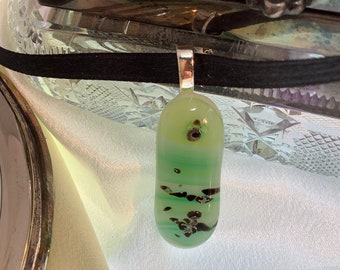 Fused glass pendant - Green Sea with black Dichroic Pebbls